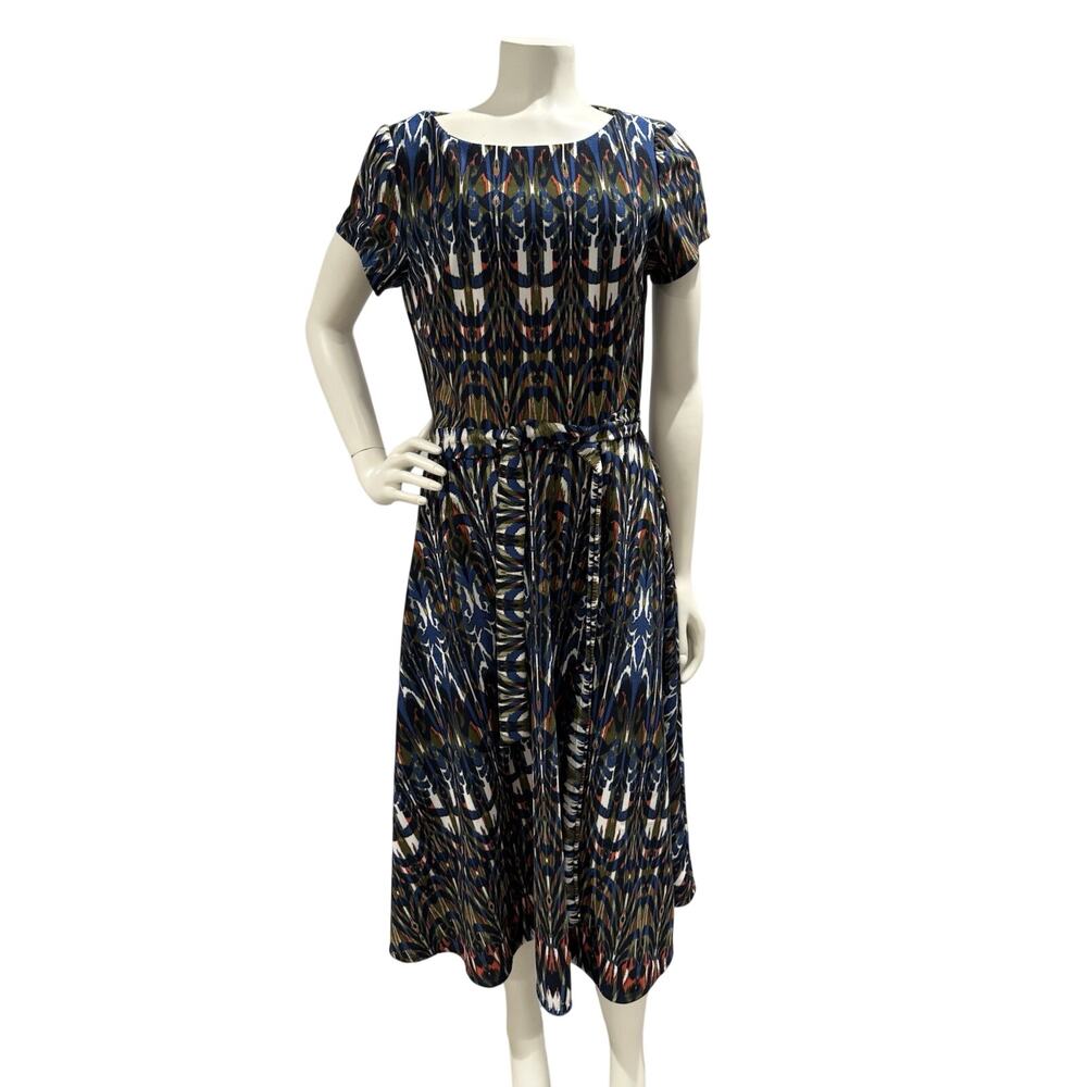 Abstract Midi Dress Women Sz 10 Belted Waist Shirt Sleeve Professional Business